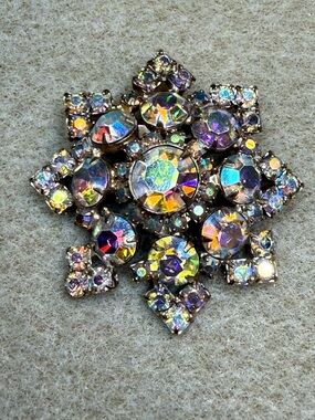 Mid-Century Clear AB Rhinestone Brooch in Gold Tone Metal